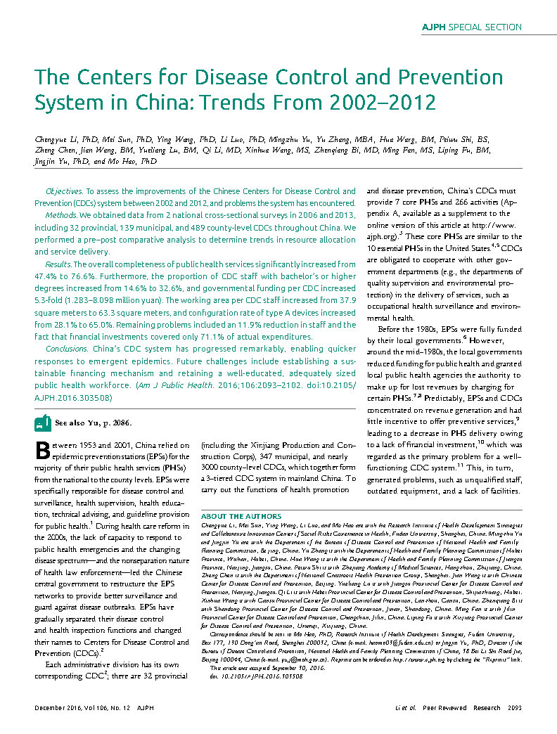The Centers for Disease Control and Prevention System in China Trends From 2002–2012