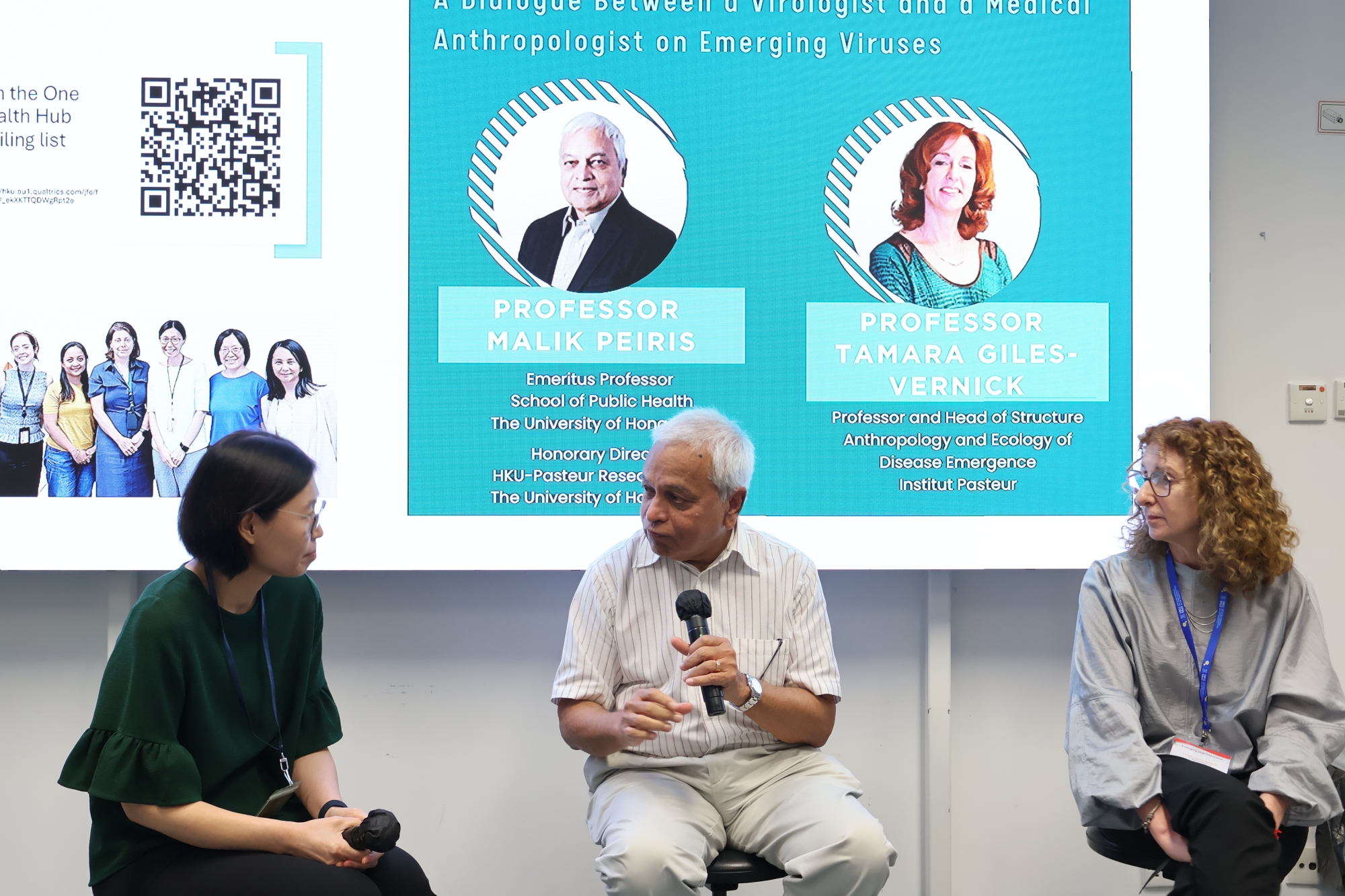 Professor Peiris (centre) and Professor Giles-Vernick (right) engage in an inspiring roundtable discussion moderated by Professor Hui-ling Yen (left) of SPH.