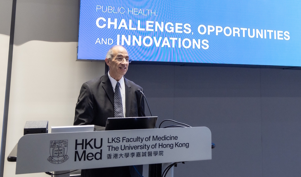 Professor David Bishai, Director and Clinical Professor of the School of Public Health, introduces Dr Michael Lu, the keynote speaker, at the Public Health Forum 2026.