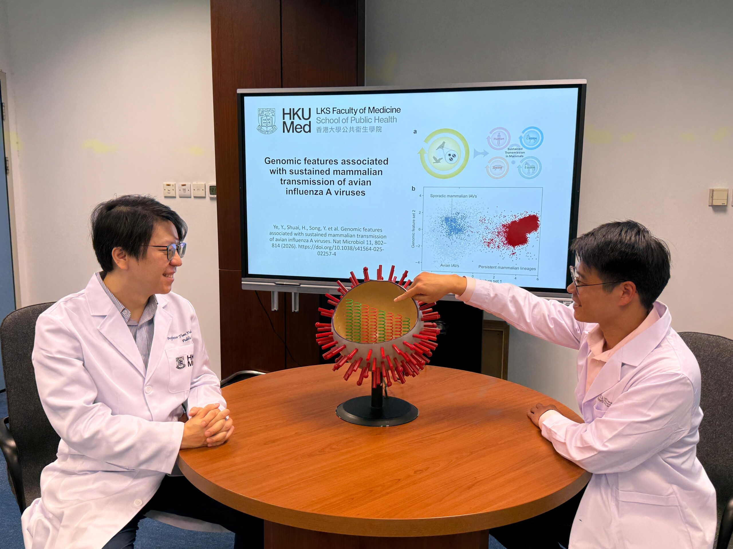 Led by Professor Tommy Lam (left), the research team develops an AI detection system capable of analysing the genomes of influenza A viruses to accurately predict their potential risk of transmitting among mammals.